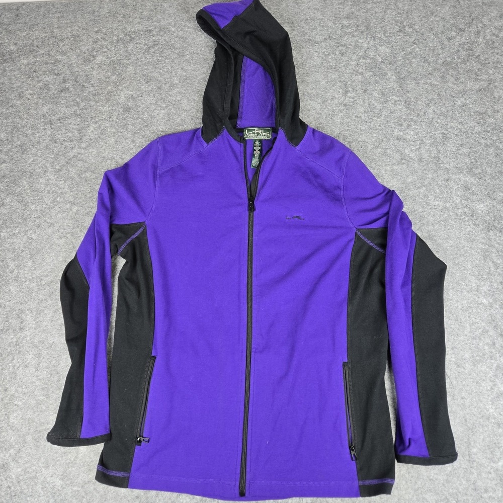 L-RL Lauren Active Sweater Women 1X Purple Black Waffle‎ Hoodie Ralph Full Zip